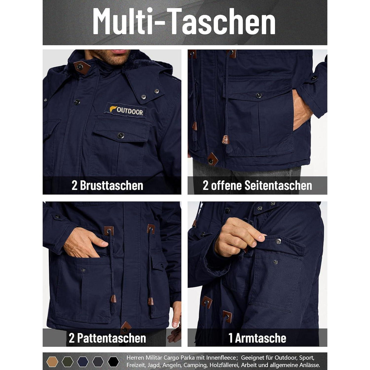 Herren Winterjacke gefüttert Fleece Parka Dunkelblau L