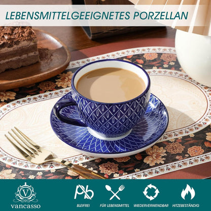 Cappuccino Tassen mit Untertassen 6er Set, 240ml Porzellan, Vintage Blau-Weiß