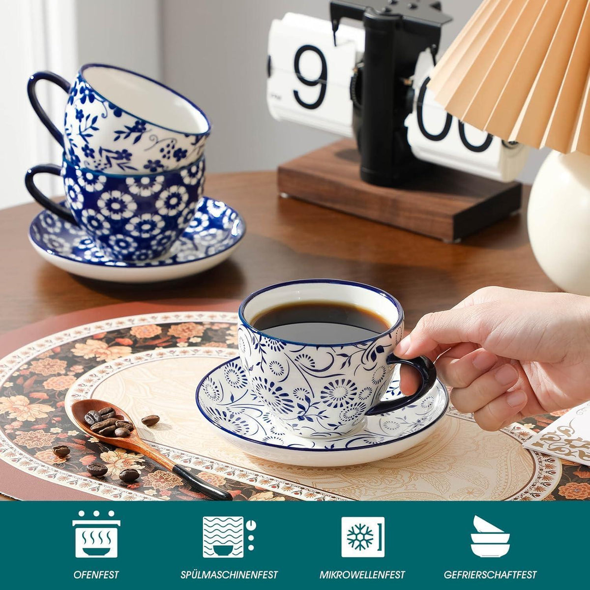 Cappuccino Tassen mit Untertassen 6er Set, 240ml Porzellan, Vintage Blau-Weiß