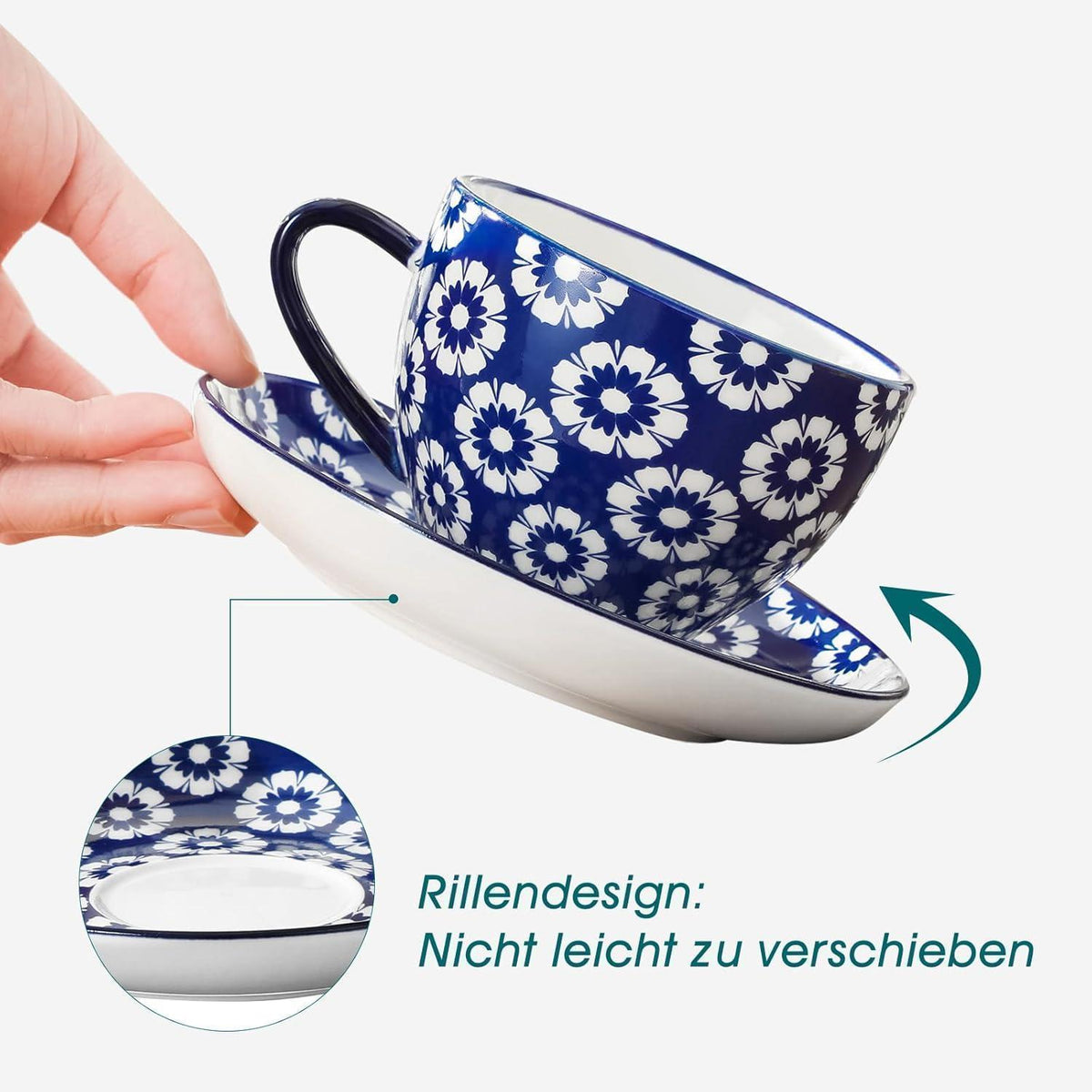 Cappuccino Tassen mit Untertassen 6er Set, 240ml Porzellan, Vintage Blau-Weiß