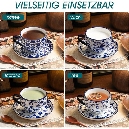 Cappuccino Tassen mit Untertassen 6er Set, 240ml Porzellan, Vintage Blau-Weiß