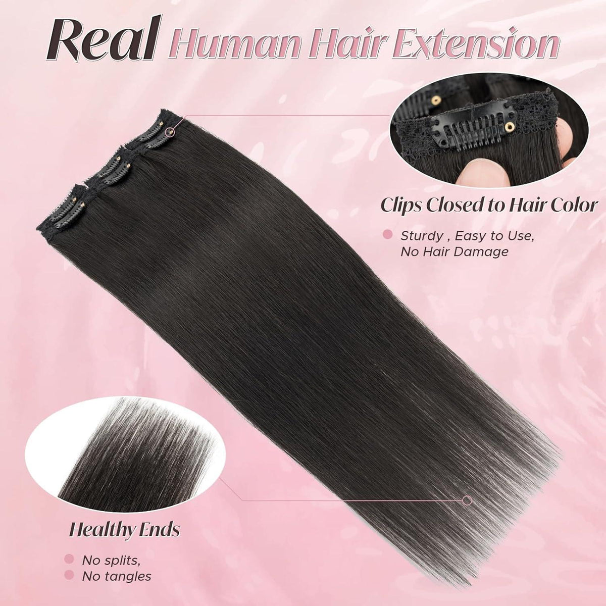 Echthaar Haarverlängerung Clip-In 50cm, Natürlich Schwarz