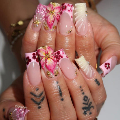 Rosa French Press on Nails mit 3D Blumen Design