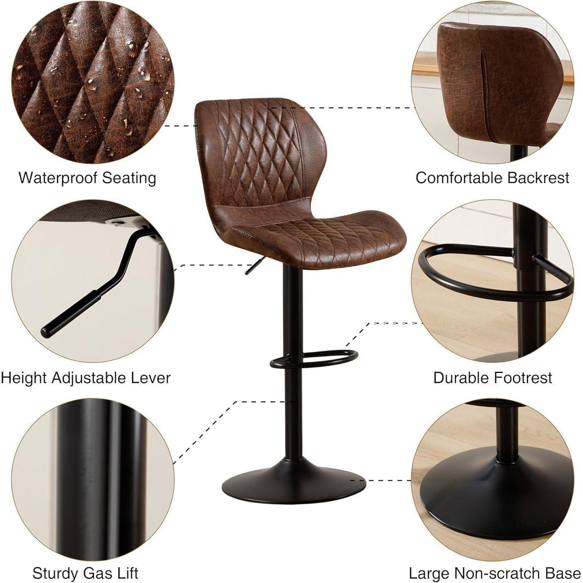 Barhocker mit Lehne, Höhenverstellbar, Braun (2er Set)