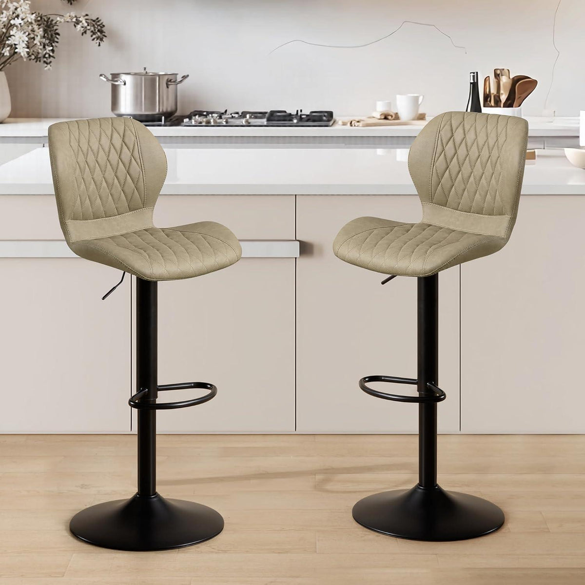 Barhocker mit Lehne, Höhenverstellbar, Khaki, 2er Set