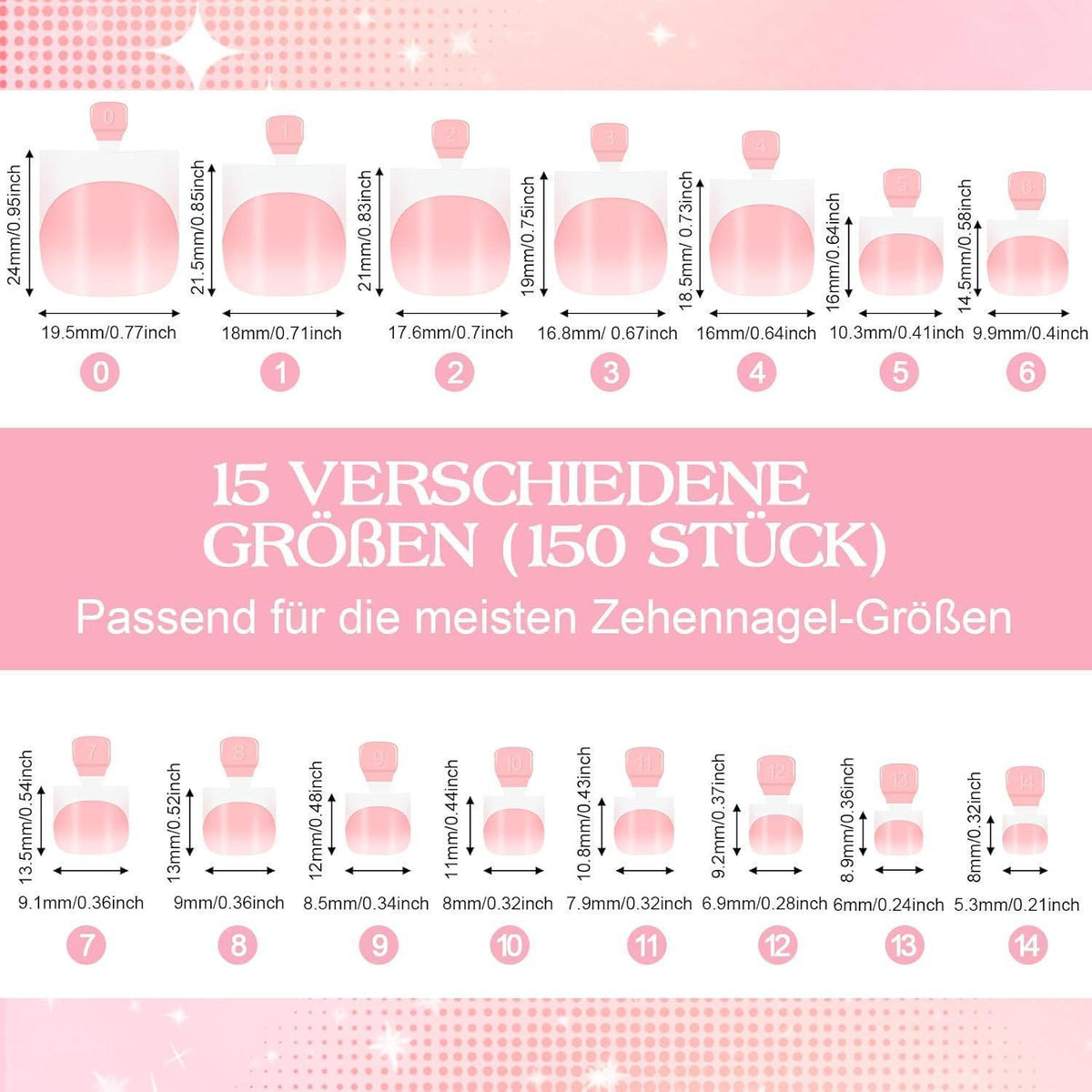 150er Set Fußnägel Aufkleben French Press on Nails Rosa