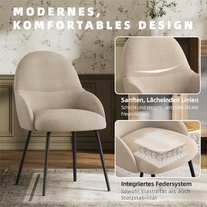 Esszimmerstühle 2er Set mit Armlehne – Beige Leinen & Metall