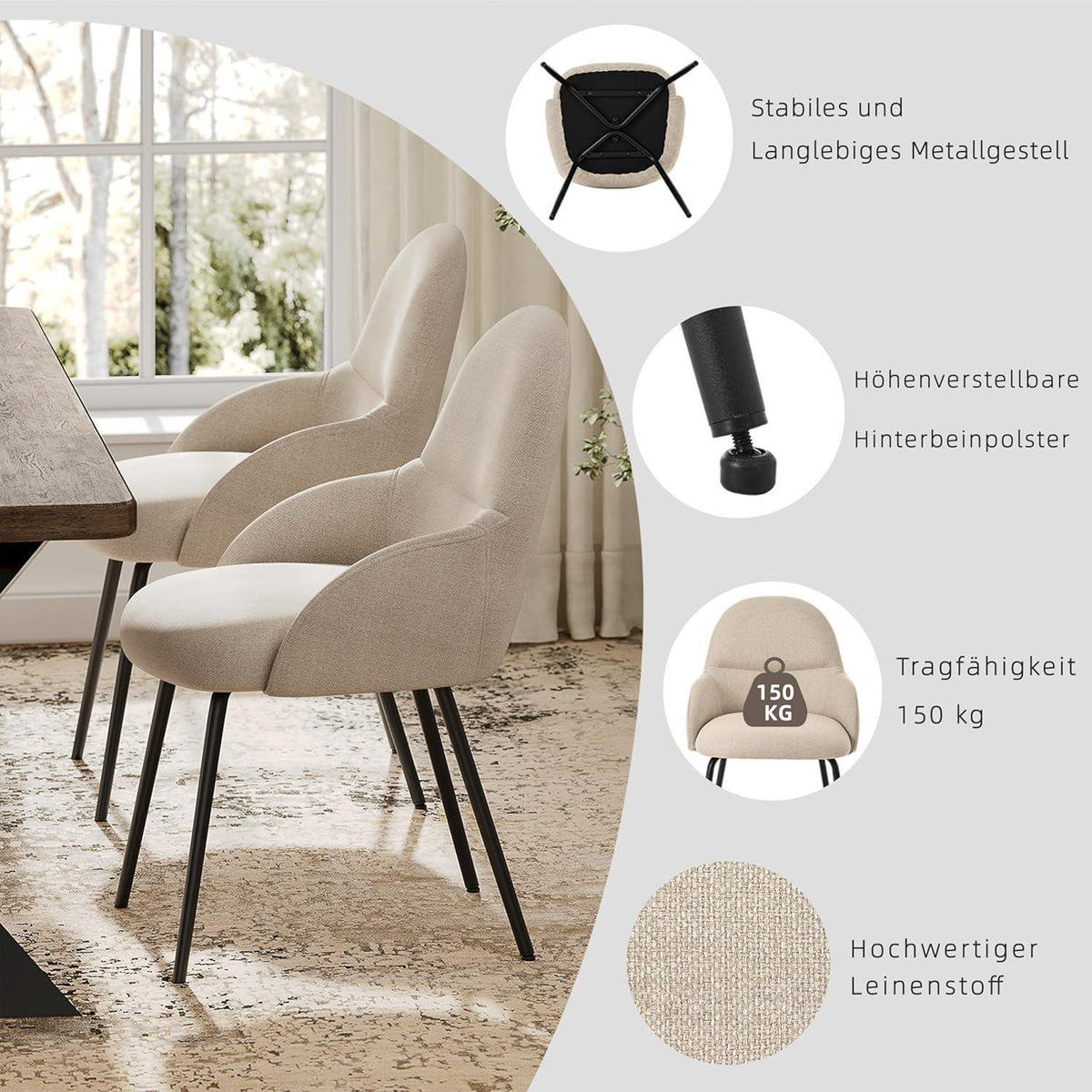 Esszimmerstühle 2er Set mit Armlehne – Beige Leinen & Metall