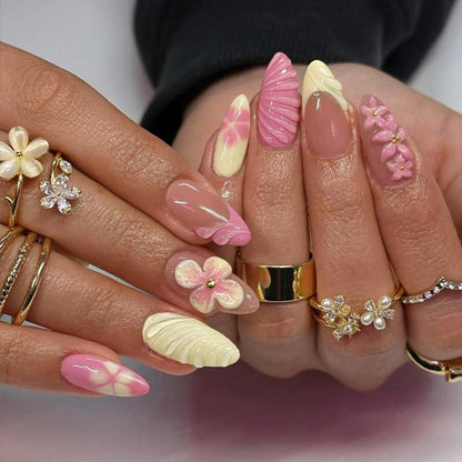 24er Set French Press on Nails – 3D Blumendesign, Mandelförmig