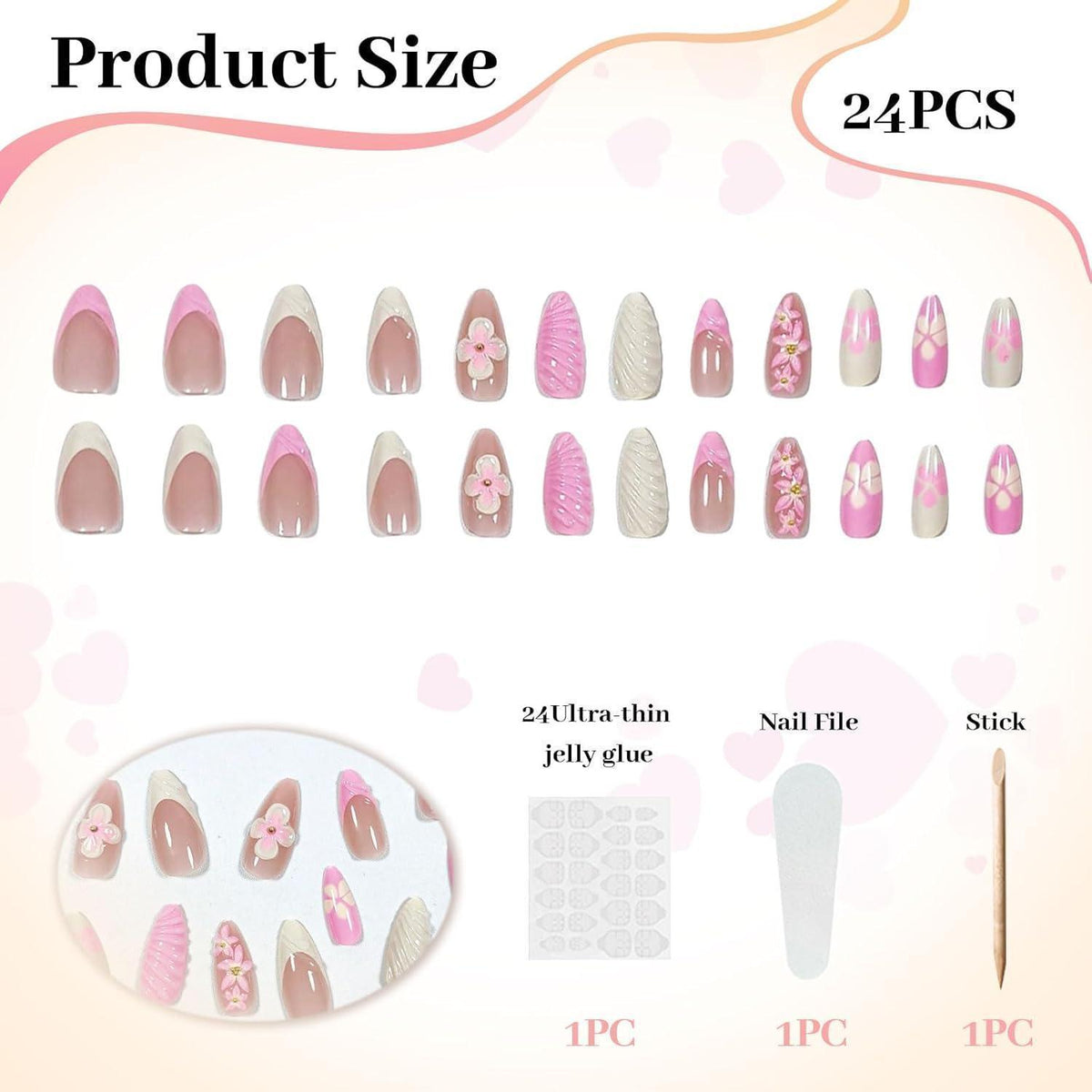 24er Set French Press on Nails – 3D Blumendesign, Mandelförmig