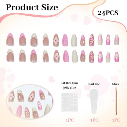 24er Set French Press on Nails – 3D Blumendesign, Mandelförmig