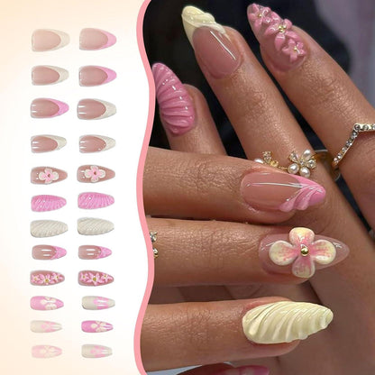 24er Set French Press on Nails – 3D Blumendesign, Mandelförmig