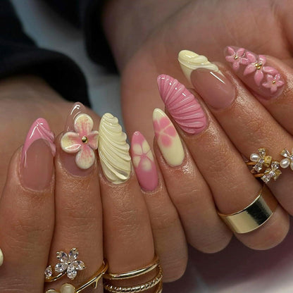 24er Set French Press on Nails – 3D Blumendesign, Mandelförmig