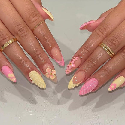 24er Set French Press on Nails – 3D Blumendesign, Mandelförmig