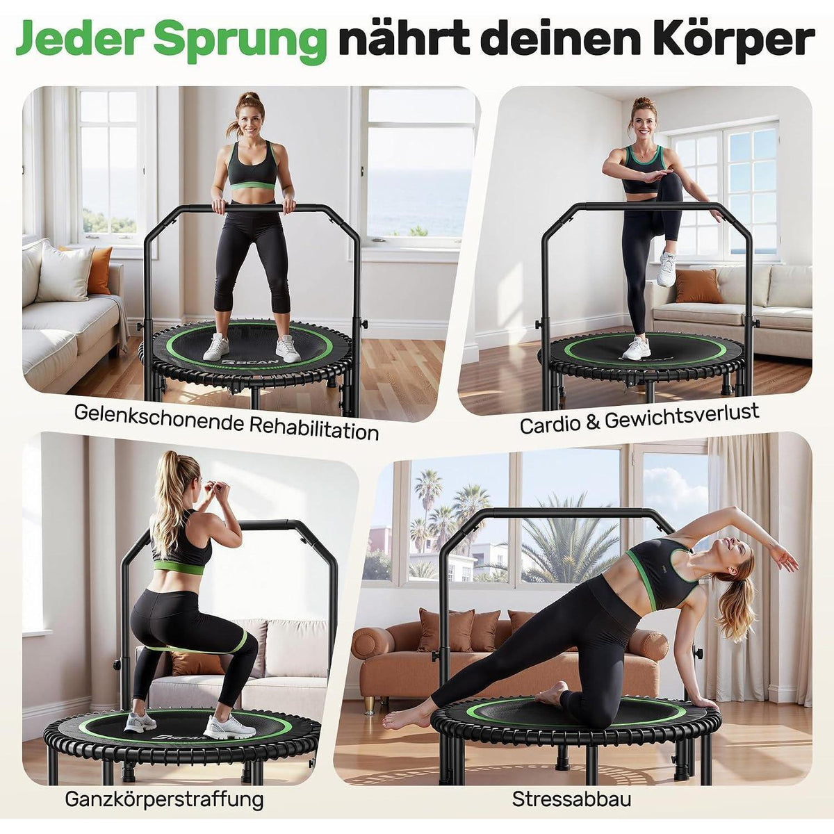 Fitness Trampolin für Erwachsene – 102cm, Verstellbarer Griff