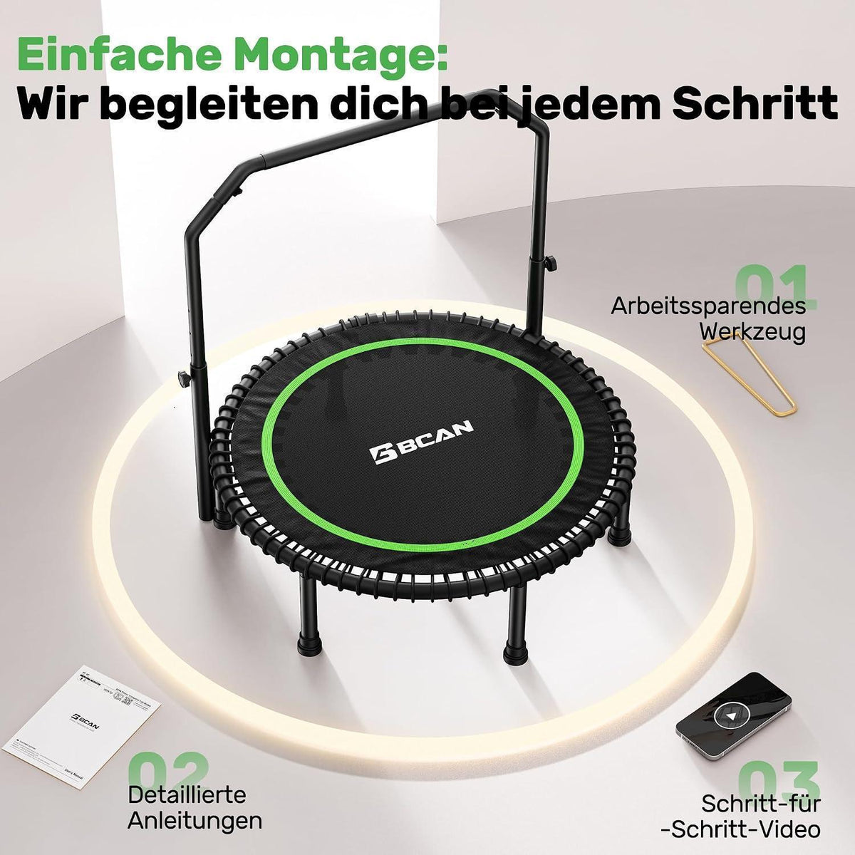 Fitness Trampolin für Erwachsene – 102cm, Verstellbarer Griff