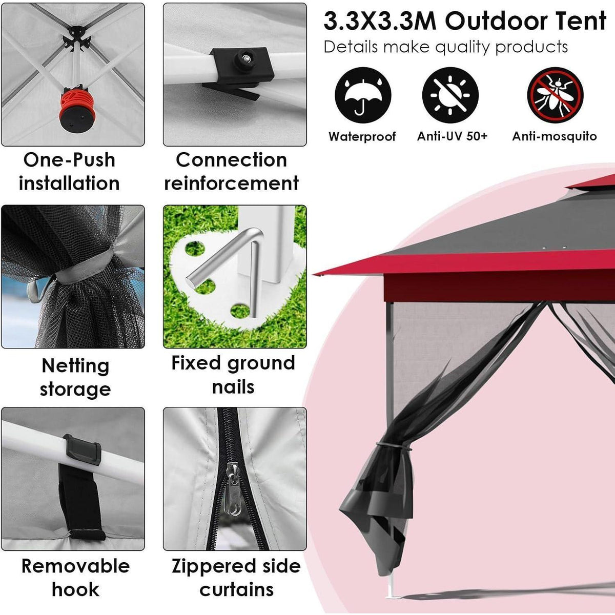 3x3m Pavillon mit Moskitonetzen, wasserdicht & stabil