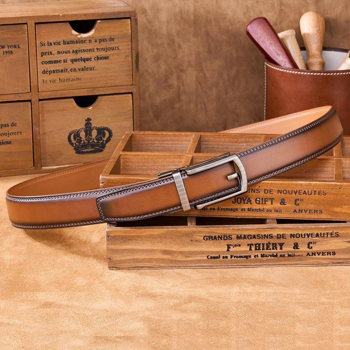 Herren Gürtel Automatik 3,5cm Braun 140cm Geschenkbox in Lederoptik