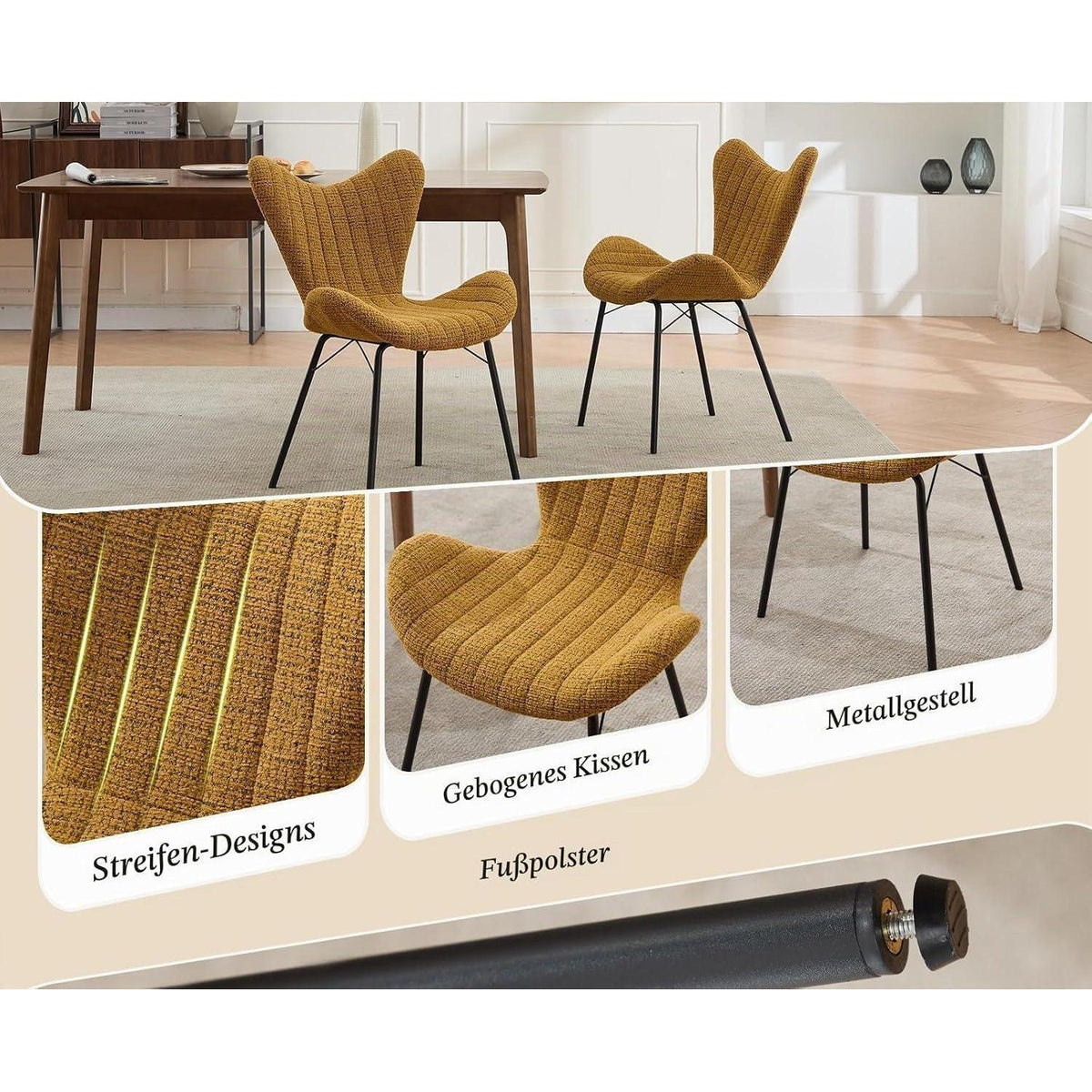 Gelbe Chenille Esszimmerstühle 2er Set mit Metallgestell