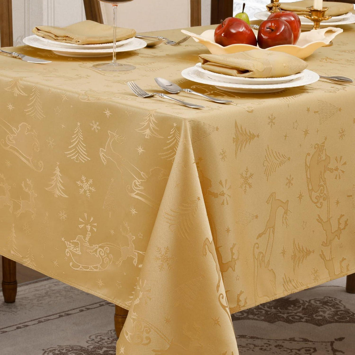 Weihnachtliche Tischdecke Gold Jacquard Rentier & Baum 150x300 cm