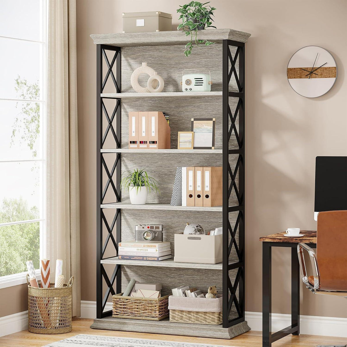 5-stufiges Bücherregal grau – Industriedesign & Stauraum