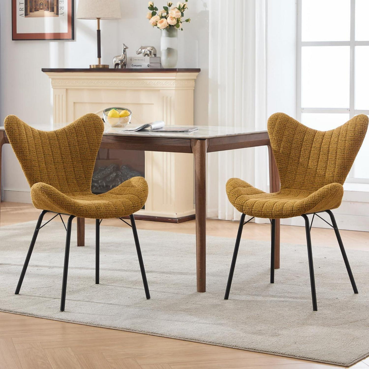 Gelbe Chenille Esszimmerstühle 2er Set mit Metallgestell