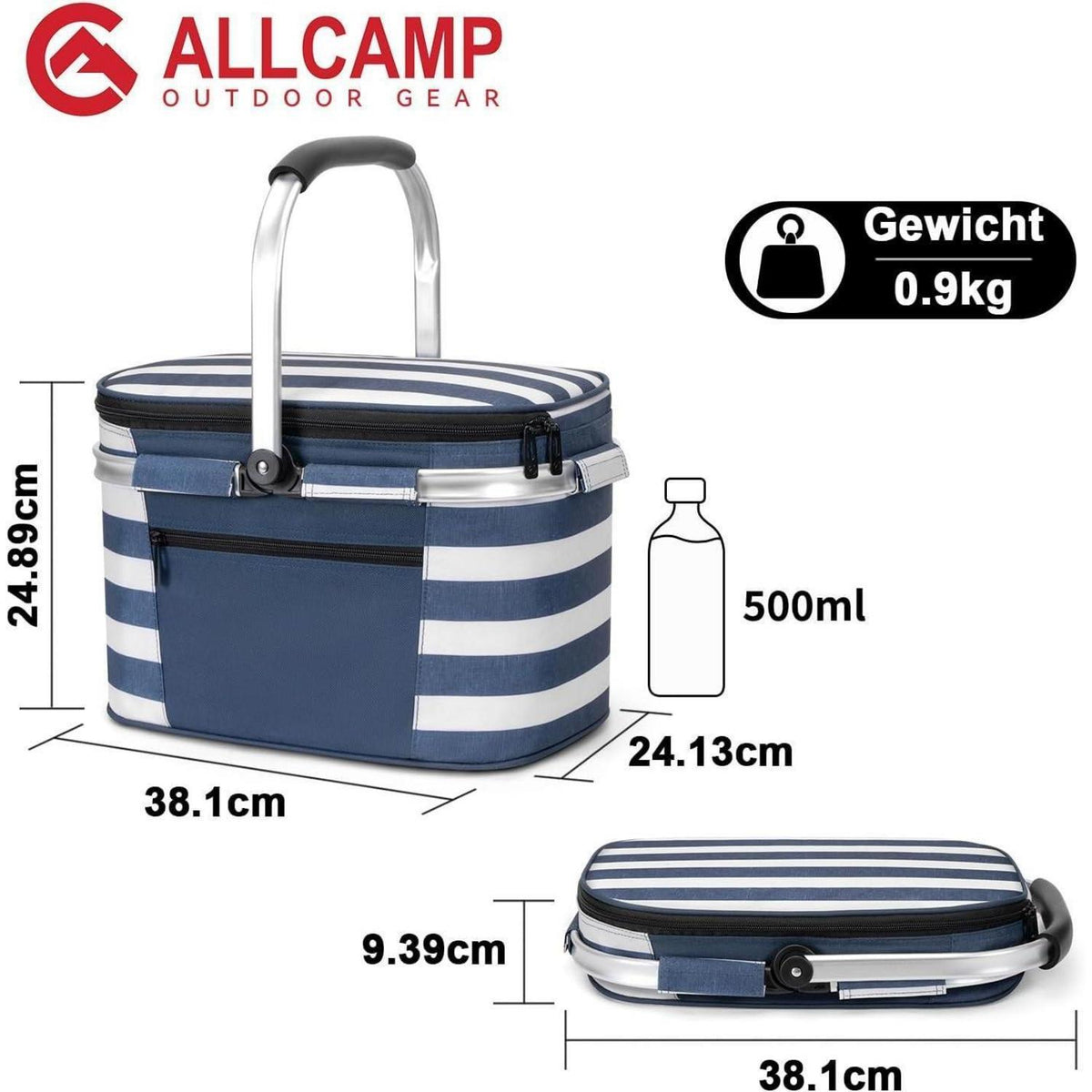 Faltbare Kühltasche & Picknickkorb für 2 Personen – Blau/Weiß