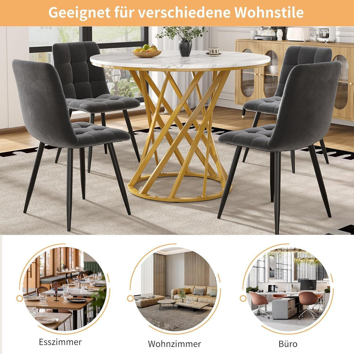 Runder Esstisch Set für 4 Personen | Weiß mit goldenen Stühlen
