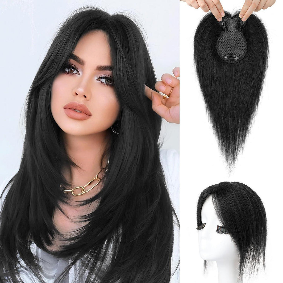 Echthaar Topper mit Pony – 26cm Naturschwarz