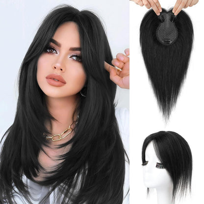 Echthaar Topper mit Pony – 26cm Naturschwarz