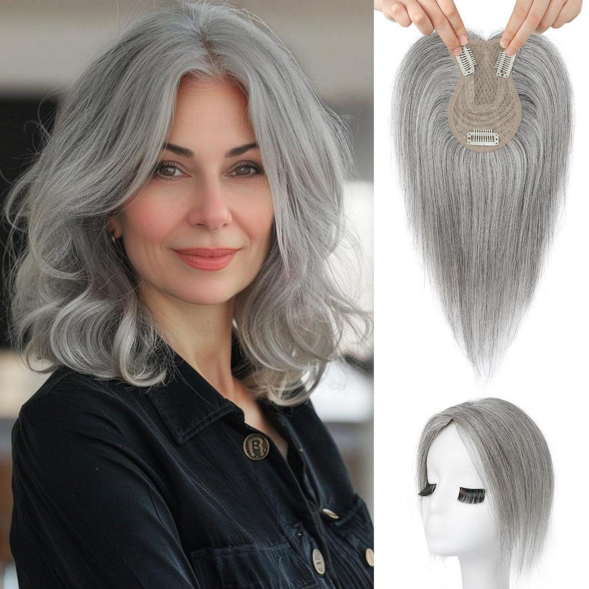 Echthaar Topper Hellgrau | 26cm Clip-in Haarteil für Volumen