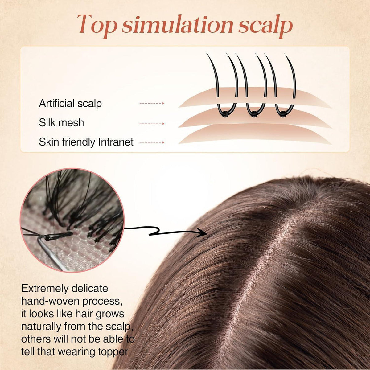 Echthaar Topper mit Pony – Mittelbraun mit blonden Strähnen