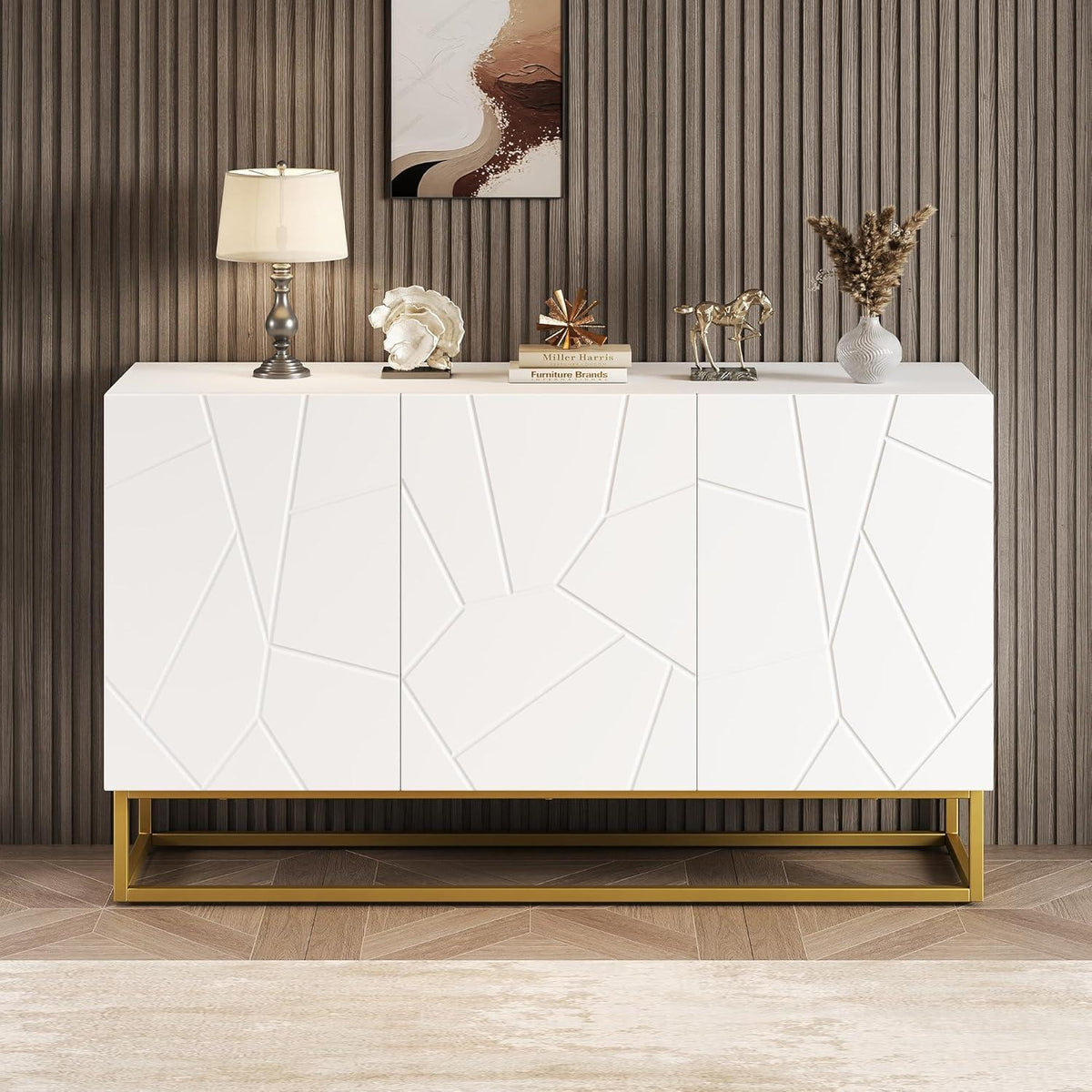 Hochglanz Sideboard Weiß mit 4 Fächern & Verstellbaren Regalböden