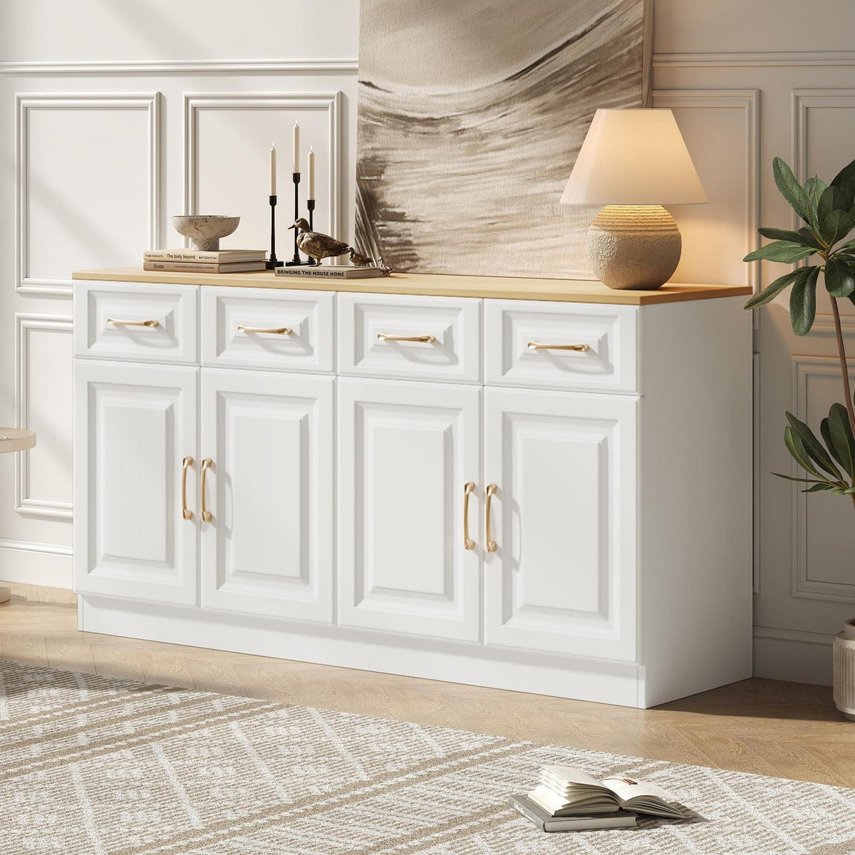Weißes Sideboard mit 4 Schubladen & Scheunentüren (140x40x75cm)