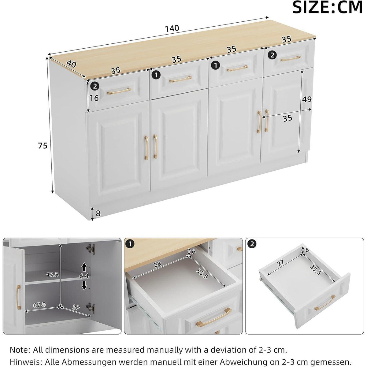 Weißes Sideboard mit 4 Schubladen & Scheunentüren (140x40x75cm)