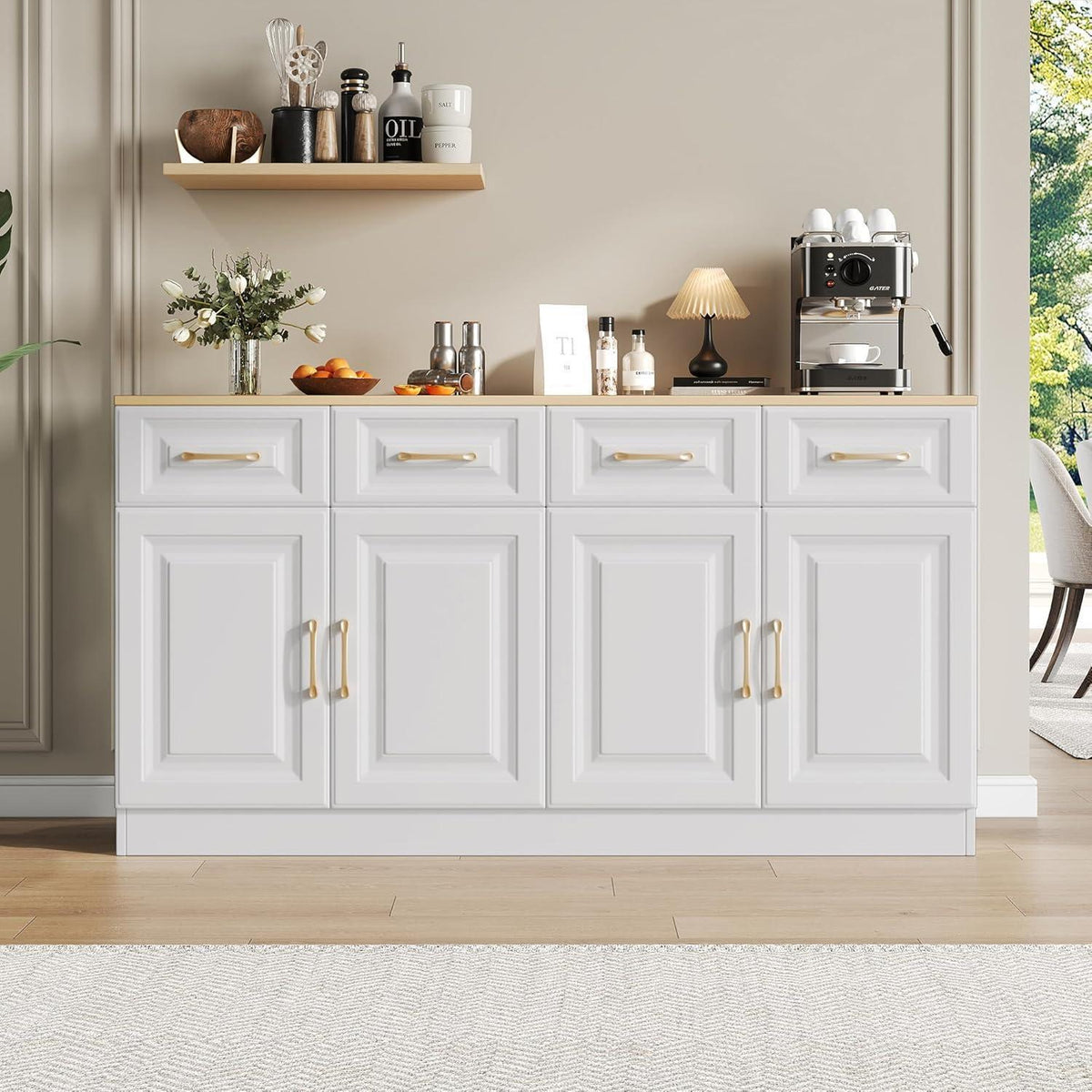 Weißes Sideboard mit 4 Schubladen & Scheunentüren (140x40x75cm)