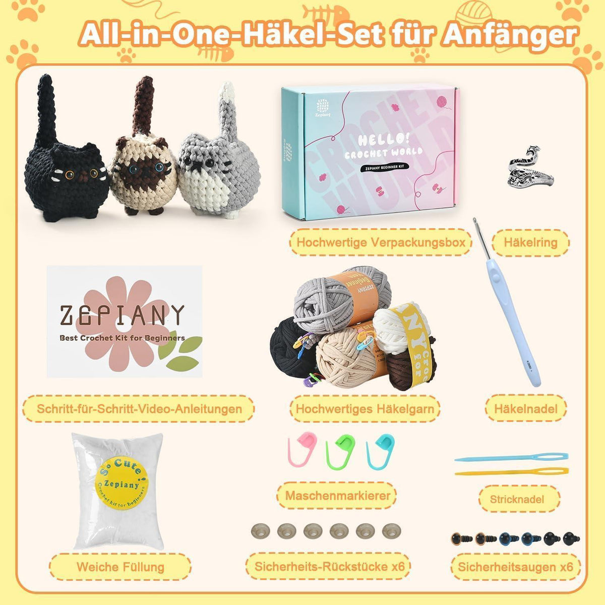 Häkelset für Anfänger: 3 süße Katzen Amigurumi zum Selbermachen