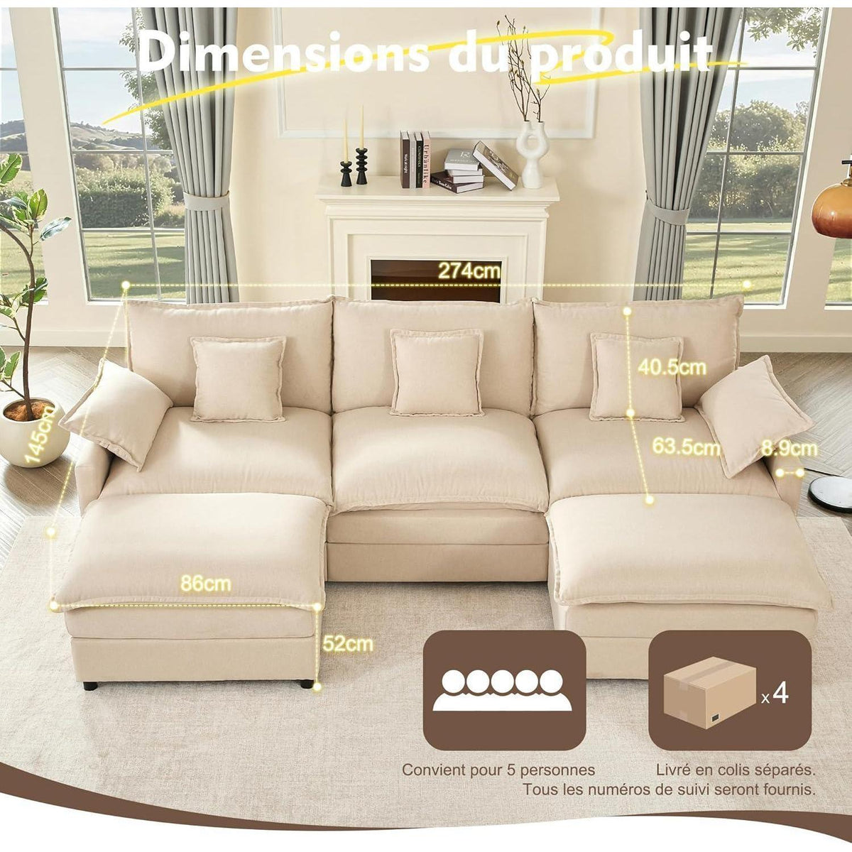Modulares U-förmiges Sofa 3-Sitzer mit Hocker – Beige Cloud Couch