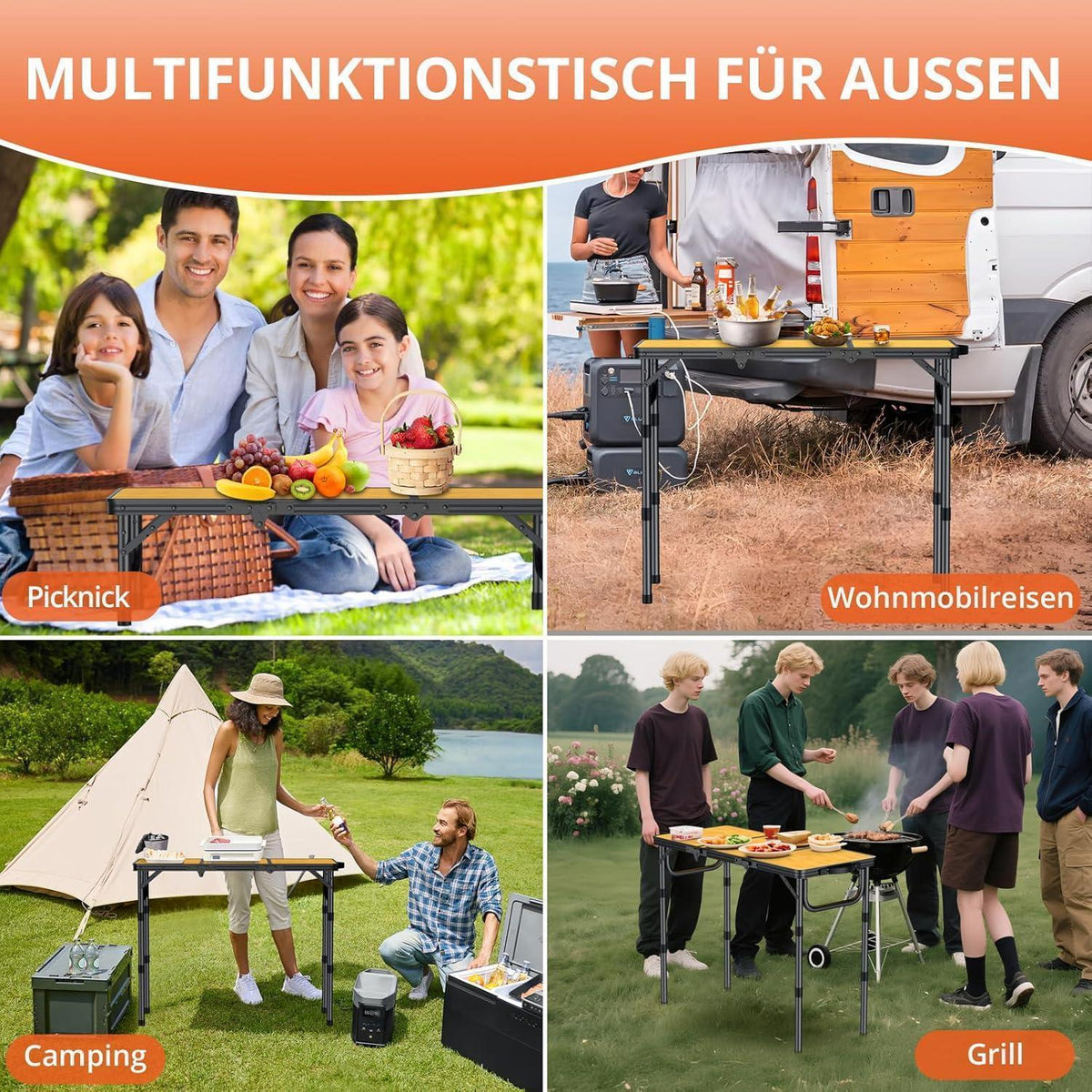 Höhenverstellbarer Campingtisch 87x40cm, 3 Höhen, Schwarzgelb