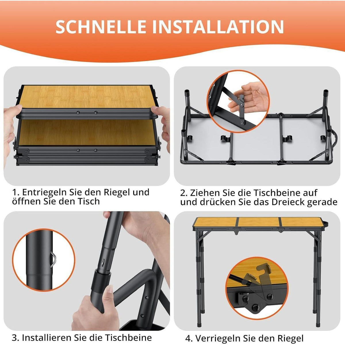 Höhenverstellbarer Campingtisch 87x40cm, 3 Höhen, Schwarzgelb