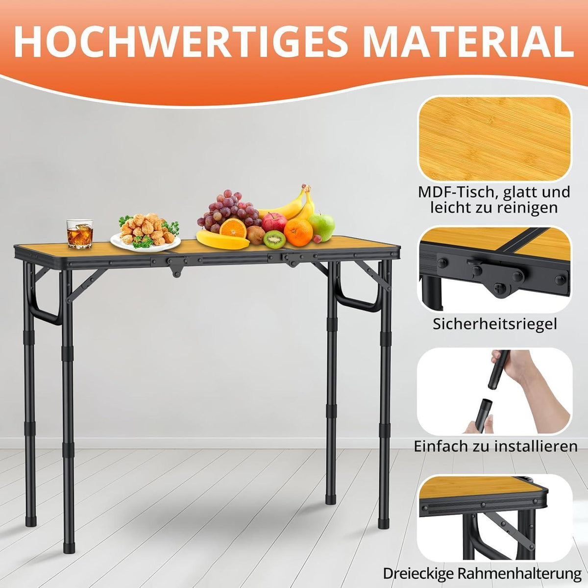 Höhenverstellbarer Campingtisch 87x40cm, 3 Höhen, Schwarzgelb