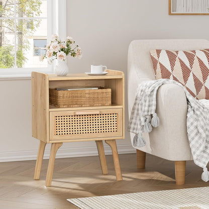 LELELINKY Nachttisch 2er Set Rattan Boho mit Schublade