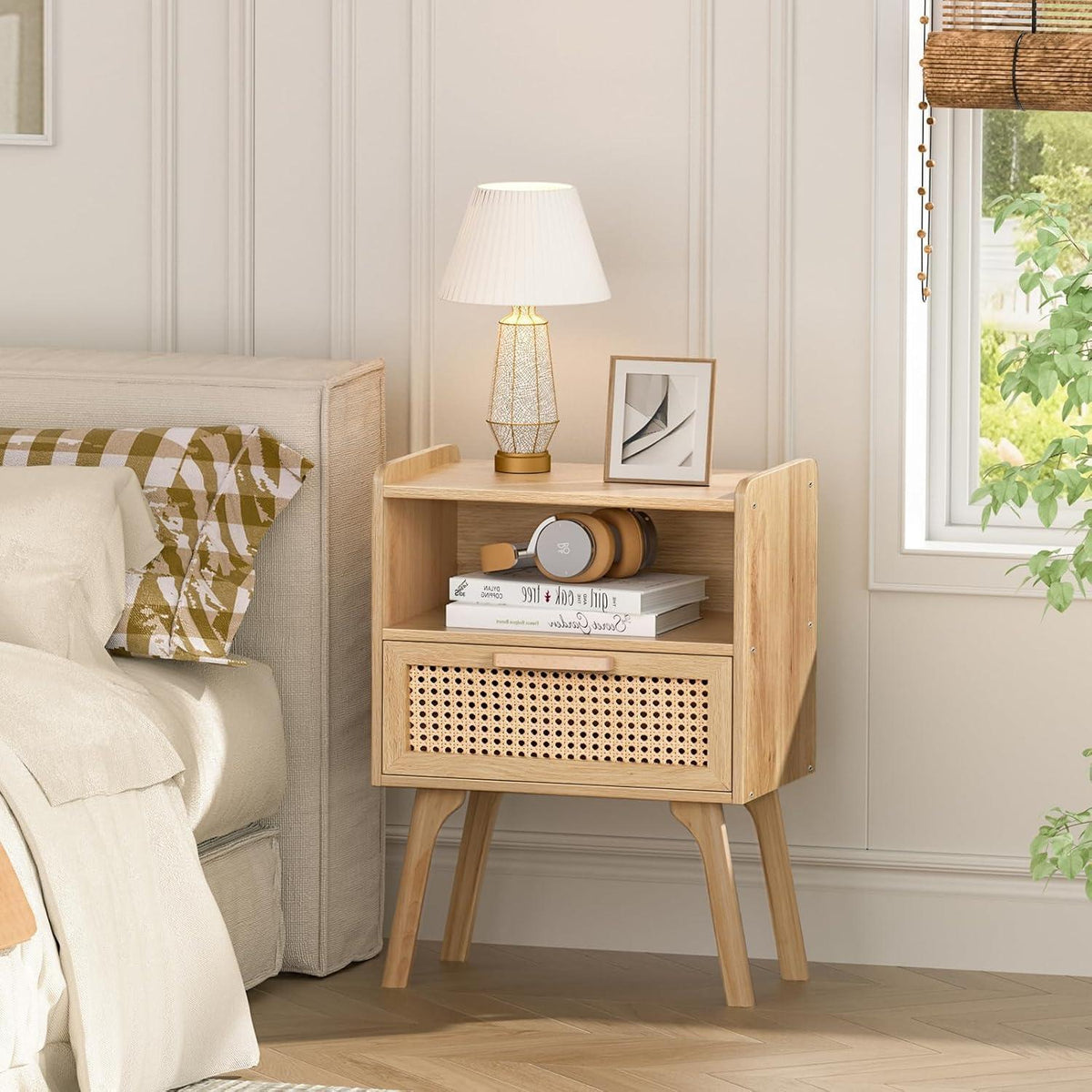 LELELINKY Nachttisch 2er Set Rattan Boho mit Schublade