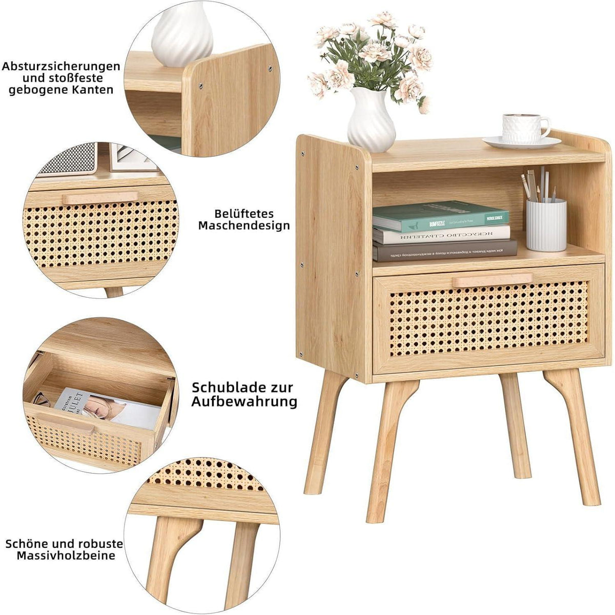 LELELINKY Nachttisch 2er Set Rattan Boho mit Schublade
