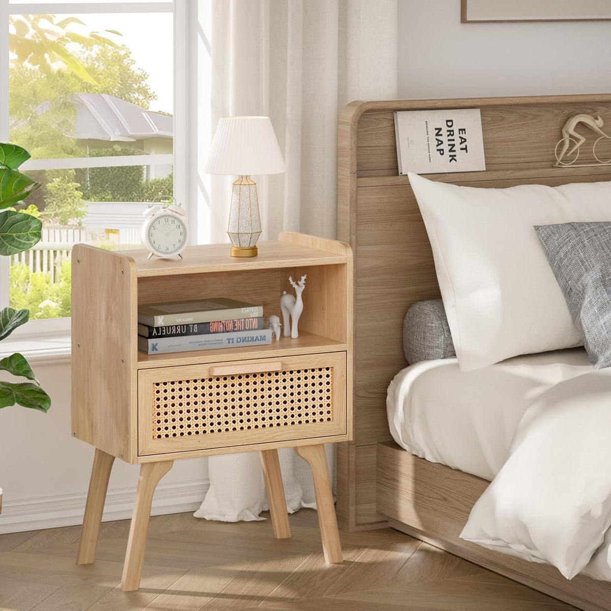 LELELINKY Nachttisch 2er Set Rattan Boho mit Schublade