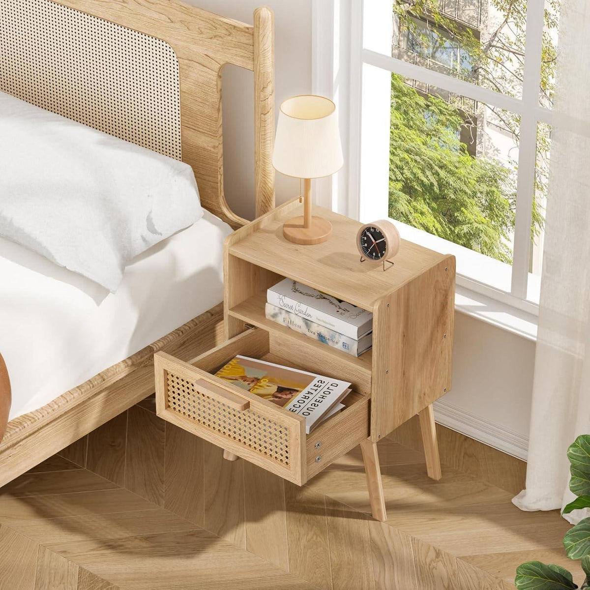 LELELINKY Nachttisch 2er Set Rattan Boho mit Schublade