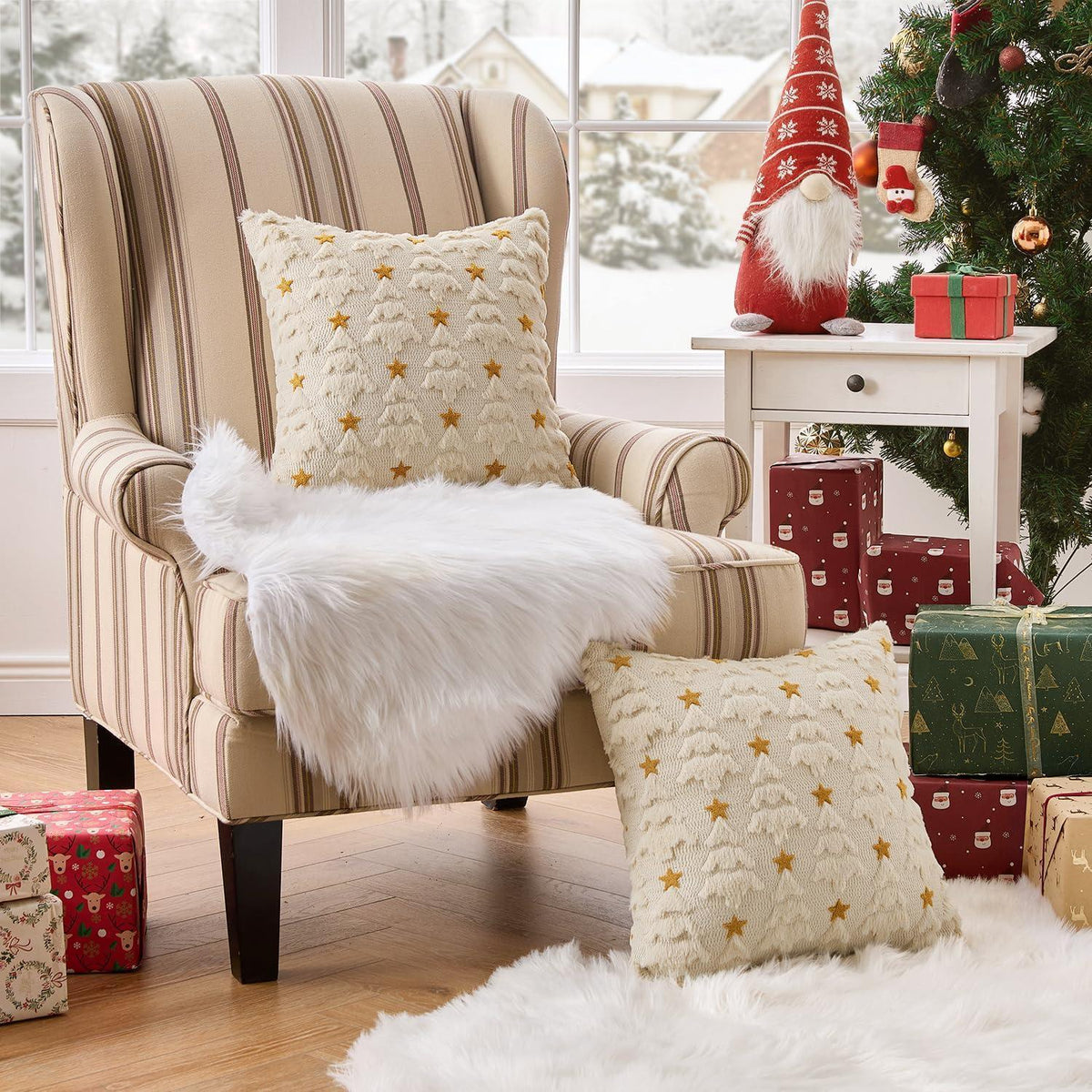 Weihnachtliche Kissenbezüge 2er Set - Samt & Wolle, Beige 50x50cm
