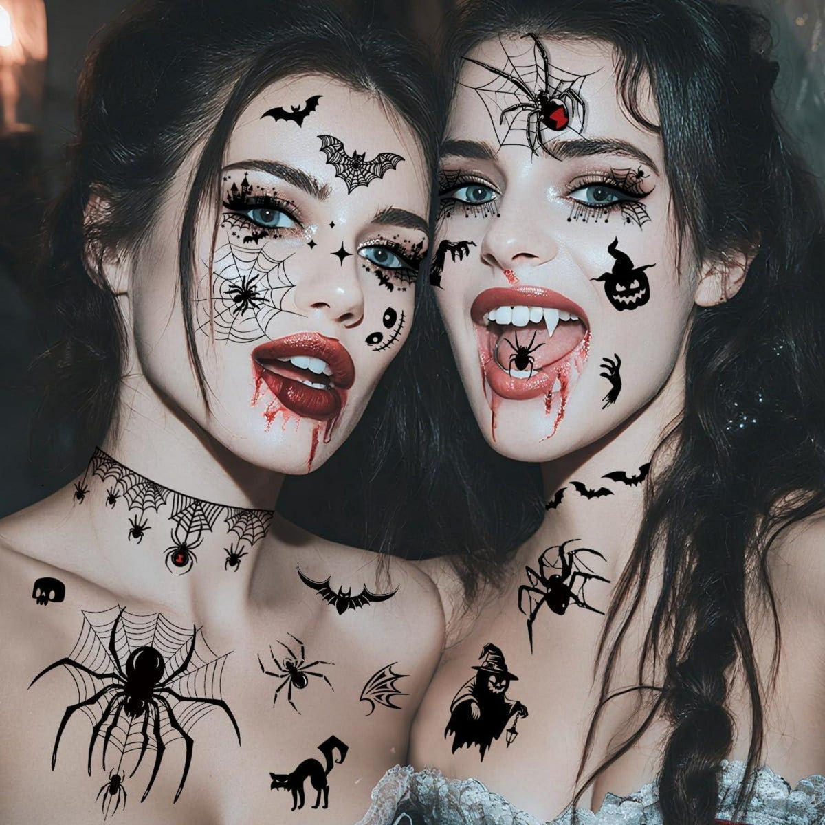 Halloween Gesichts-Tattoos 8 Blatt Fledermäuse Spinnen Augen Halskette