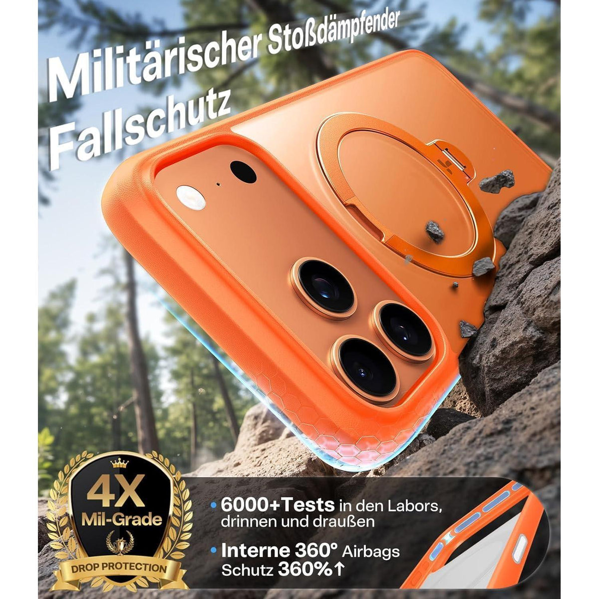 iPhone 17 Pro Max Hülle mit 360° Ständer & MagSafe - Orange