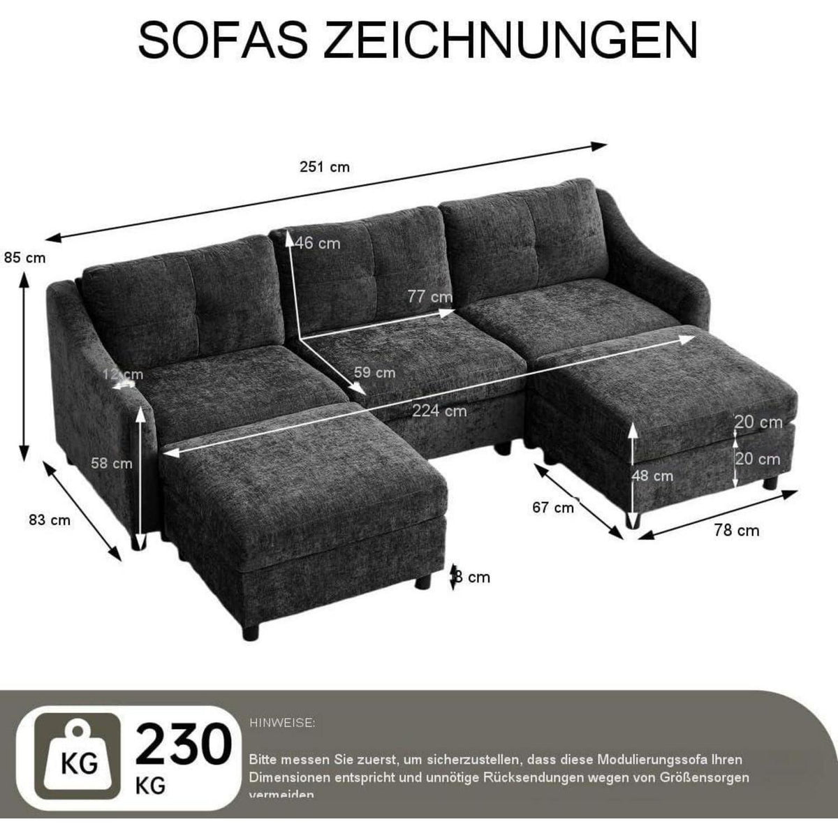 JIEXI Ecksofa mit Schlaffunktion – Grau, 3-Sitzer + 2 Hocker
